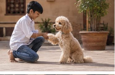 Illustration of people spending time with a Miniature Poodle at home or outdoors