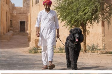 Illustration of people spending time with a Standard Poodle at home or outdoors