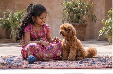Illustration of people spending time with a Toy Poodle at home or outdoors