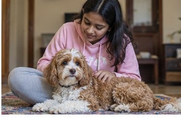 AI-generated illustration of a seated woman in a pink sweater petting a brown-and-white dog indoors