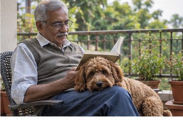 Illustration of people spending time with a Cockapoo at home or outdoors