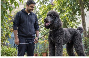 Illustration of people spending time with a Giant Poodle at home or outdoors