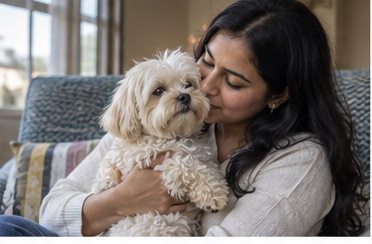 A woman cradles a small dog close while sitting on a sofa.