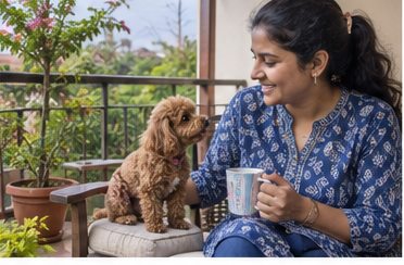 Illustration of people spending time with a Miniature Poodle at home or outdoors