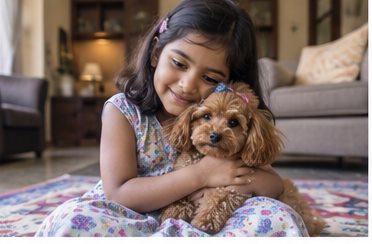 Illustration of people spending time with a Toy Poodle at home or outdoors