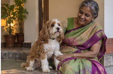 AI-generated illustration of a seated woman in a green and purple sari beside a brown-and-white dog on a porch