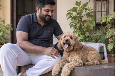 Illustration of people spending time with a Goldendoodle at home or outdoors