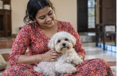 A woman sits with a small light-colored dog on her lap.