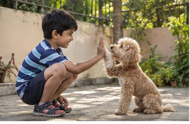 Illustration of people spending time with a Miniature Poodle at home or outdoors