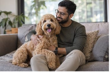 Illustration of people spending time with a Goldendoodle at home or outdoors