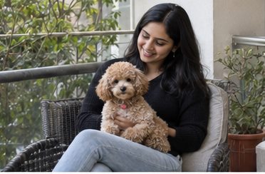 Illustration of people spending time with a Miniature Poodle at home or outdoors