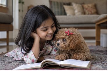 Illustration of people spending time with a Toy Poodle at home or outdoors
