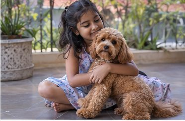 A child sitting beside and holding a small curly-coated dog on a patio