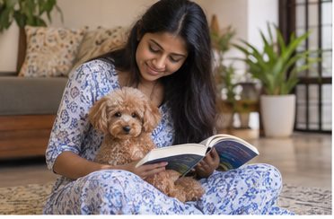 Illustration of people spending time with a Toy Poodle at home or outdoors