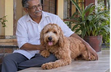 Illustration of people spending time with a Goldendoodle at home or outdoors