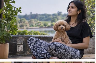 Illustration of people spending time with a Toy Poodle at home or outdoors