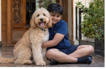 Illustration of people spending time with a Goldendoodle at home or outdoors