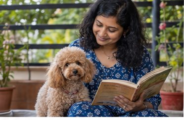 Illustration of people spending time with a Miniature Poodle at home or outdoors