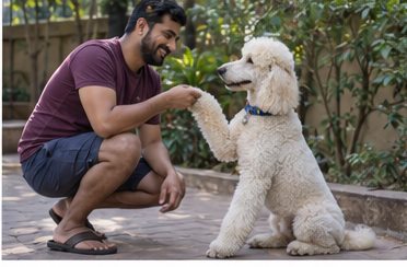 Illustration of people spending time with a Standard Poodle at home or outdoors