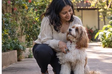A woman sitting beside a fluffy brown-and-white dog on a garden path