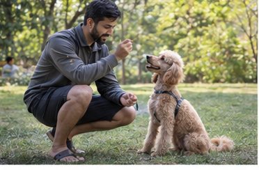 Illustration of people spending time with a Miniature Poodle at home or outdoors