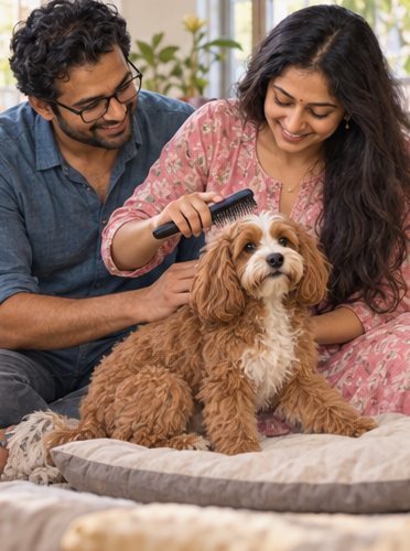 A couple brushes a small curly-coated dog while sitting together on a sofa