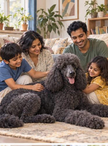 Illustration of people spending time with a Giant Poodle at home or outdoors