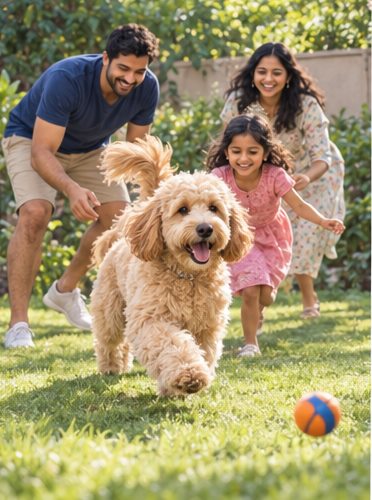 Illustration of people spending time with a Goldendoodle at home or outdoors