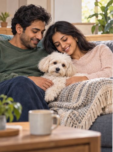 A couple relaxes on a sofa with a small white dog between them.