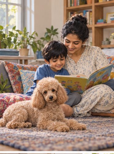 Illustration of people spending time with a Miniature Poodle at home or outdoors