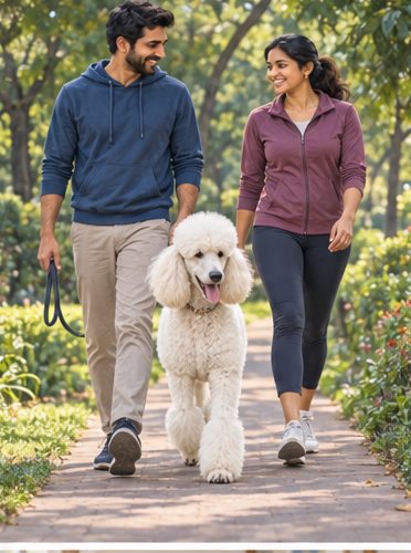 Illustration of people spending time with a Standard Poodle at home or outdoors