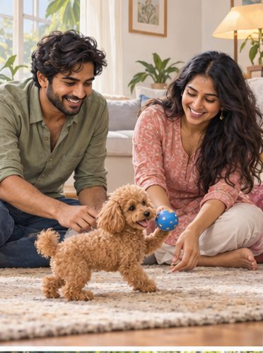 Illustration of people spending time with a Toy Poodle at home or outdoors
