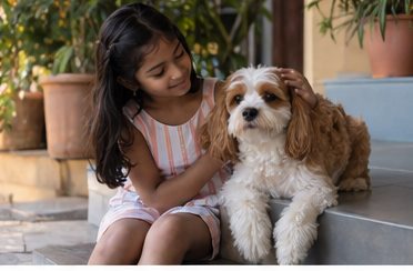 A girl gently pets a small white-and-brown dog sitting beside her outdoors