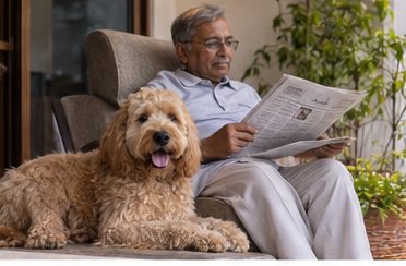 Illustration of people spending time with a Goldendoodle at home or outdoors