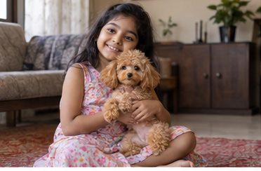 Illustration of people spending time with a Toy Poodle at home or outdoors
