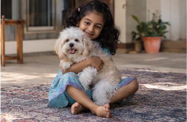 A child sits on a rug and cuddles a small white dog.