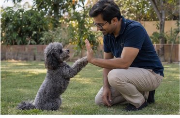 Illustration of people spending time with a Miniature Poodle at home or outdoors