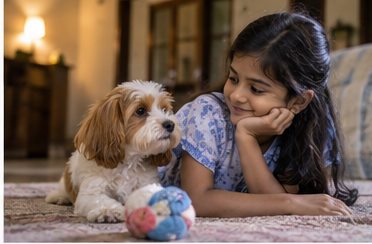 A girl lies on a rug beside a small cream-and-tan dog with a blue toy