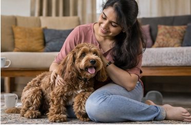 Illustration of people spending time with a Cockapoo at home or outdoors