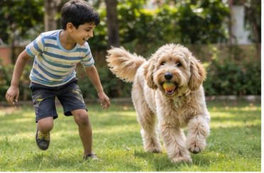 Illustration of people spending time with a Goldendoodle at home or outdoors