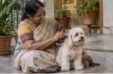 A woman sits on the floor with a small light-colored dog beside her.