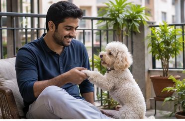 Illustration of people spending time with a Miniature Poodle at home or outdoors