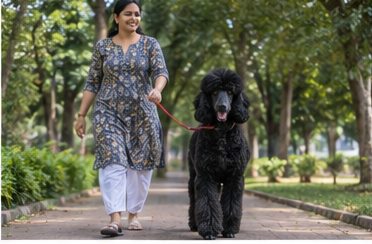 Illustration of people spending time with a Standard Poodle at home or outdoors