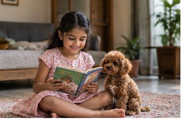 Illustration of people spending time with a Toy Poodle at home or outdoors