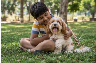 A child sits on the grass with an arm around a small fluffy dog