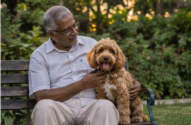 Illustration of people spending time with a Cockapoo at home or outdoors