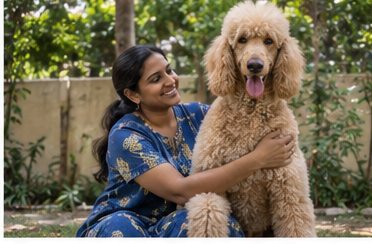 Illustration of people spending time with a Giant Poodle at home or outdoors