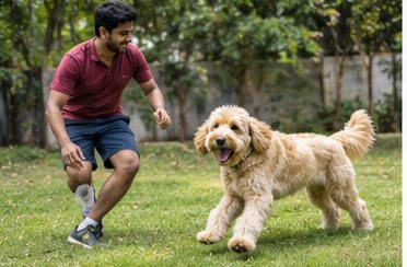 Illustration of people spending time with a Goldendoodle at home or outdoors