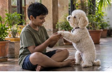 Illustration of people spending time with a Miniature Poodle at home or outdoors