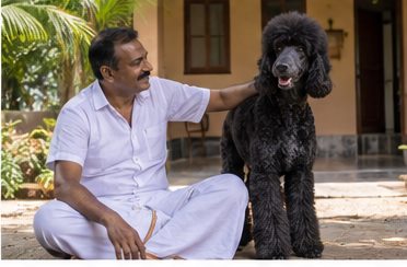 Illustration of people spending time with a Standard Poodle at home or outdoors